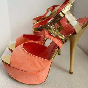 Coral Suede & Gold Strap Platform Stiletto Women Size 10 Heels by Shoe Dazzle